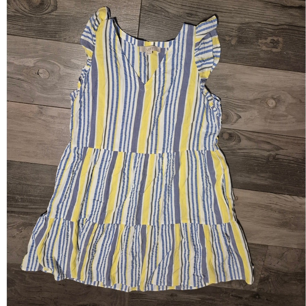 LOFT Womens Yellow Blue Striped Short Sleeve Cotton Blend Blouse Top Size M